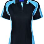 Black and blue polo shirt with white piping accents.