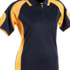Black and yellow polo shirt with short sleeves and a buttoned collar.