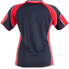 Back view of a black and red short-sleeved sports jersey with white piping.