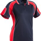 A navy and red polo shirt with white accents and short sleeves.