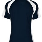 Back view of a black and white sports shirt with short sleeves.