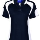 Black and white polo shirt with short sleeves and a buttoned collar.