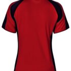 Red and black sports jersey, back view.
