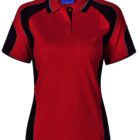 Red and black short-sleeve polo shirt with buttons.