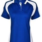 Blue and white short-sleeve polo shirt with collar and button placket.