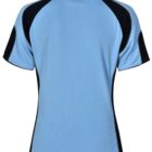Back view of a light blue and black short-sleeve sports jersey.