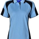 Light blue polo shirt with black side panels and short sleeves.