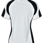 Back view of a black and white short-sleeve sports shirt on a white background.