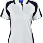 White and black short-sleeved polo shirt with button-up collar.