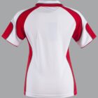 Back view of a short-sleeve polo shirt with red and white panels on a gray background.