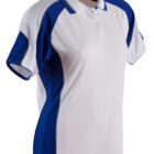 White polo shirt with blue accents on the sides and sleeves.