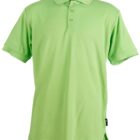 Green polo shirt with short sleeves and a buttoned collar, displayed on a white background.