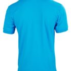Back view of a bright blue short-sleeve collared shirt on a white background.