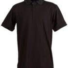 Black polo shirt with short sleeves and a collar.
