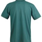 Back view of a plain green polo shirt.