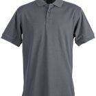 Gray polo shirt with short sleeves and buttons down the front.