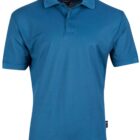 Blue polo shirt with a collar and short sleeves, displayed against a white background.