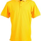 Bright yellow polo shirt with a collar and buttons on a white background.