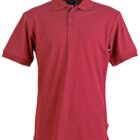 Red polo shirt with short sleeves and a collar on a white background.