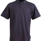 Black short-sleeve polo shirt with a buttoned collar against a plain background.