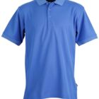 Blue polo shirt with short sleeves and a buttoned collar, displayed against a plain white background.