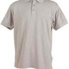 Gray polo shirt with short sleeves and buttoned collar, displayed against a white background.