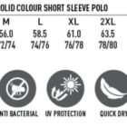 Mens polo shirt size chart with features like TrueDry fabric, UV protection, and easy care.