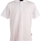 White polo shirt with short sleeves and a three-button placket.
