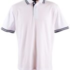 White polo shirt with dark striped collar and cuffs.