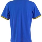 Blue polo shirt with yellow-striped collar and sleeves, shown from the back.