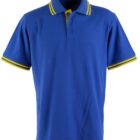 Blue polo shirt with yellow-striped collar and sleeves.
