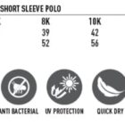 Size chart for kids polo with fabric features icons: TrueDry, moisture wicking, antibacterial, UV protection, quick dry, breathable, easy care.