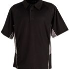 Black polo shirt with a collar and three buttons, featuring short sleeves. The shirt has white side panels adding contrast to the design.