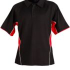 A black polo shirt with red and white accents on the sides and sleeves. The shirt has a classic collar and three buttons.