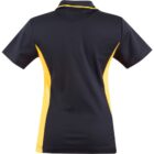 Black polo shirt with yellow side panels, back view.