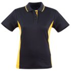 Black polo shirt with yellow side panels and a yellow-striped collar.