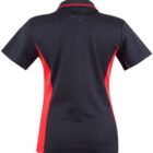 Back view of a black polo shirt with red side panels.