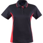 Black and red short-sleeve polo shirt with buttons.