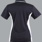 Back view of a black polo shirt with white side panels on a gray background.