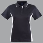 Black polo shirt with white side panels on a gray background.