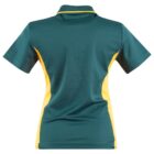 Green and yellow polo shirt, short sleeves, back view.