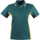 Green polo shirt with yellow side panels and a three-button collar.