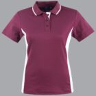 Maroon polo shirt with white stripes on sides, displayed on a gray background.