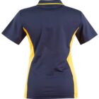 Navy blue polo shirt with yellow side panels, viewed from the back.