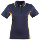 Navy blue polo shirt with yellow side panels and collar trim.