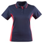 Black and red polo shirt with buttons and collar.