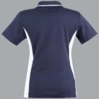 Navy blue and white polo shirt, back view, on a gray background.