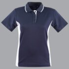 Navy blue and white polo shirt with a front button placket on a gray background.