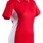 Red and white polo shirt with a collar and buttons, on a white background.