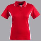Red polo shirt with white accents on sides and collar, displayed on a gray background.